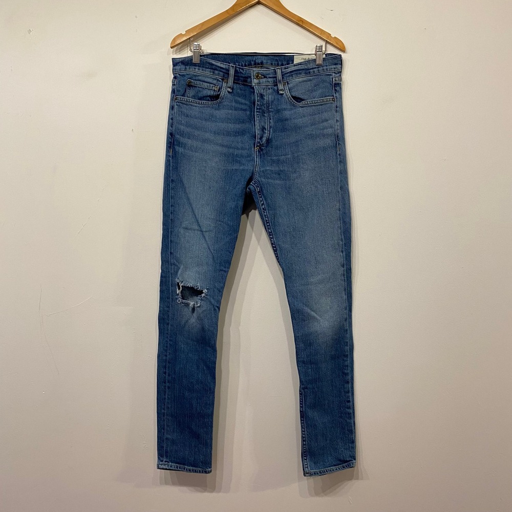 Rag & Bone Fit 1 Skinny Jeans Mens 34x32 Blue Distressed Denim Ripped Knee